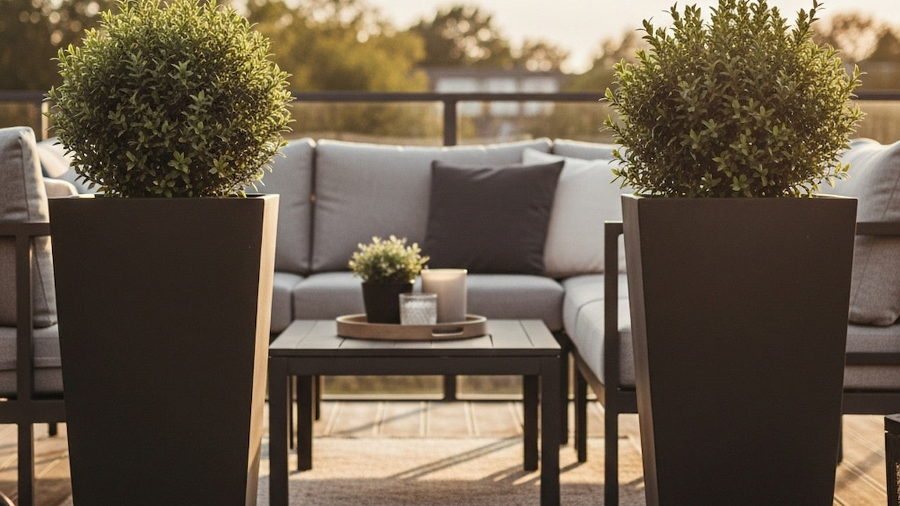 Moderne Terrassengestaltung mit zwei anthrazitfarbenen Pflanzkübeln und Buchskugeln vor grauer Lounge im Abendlicht