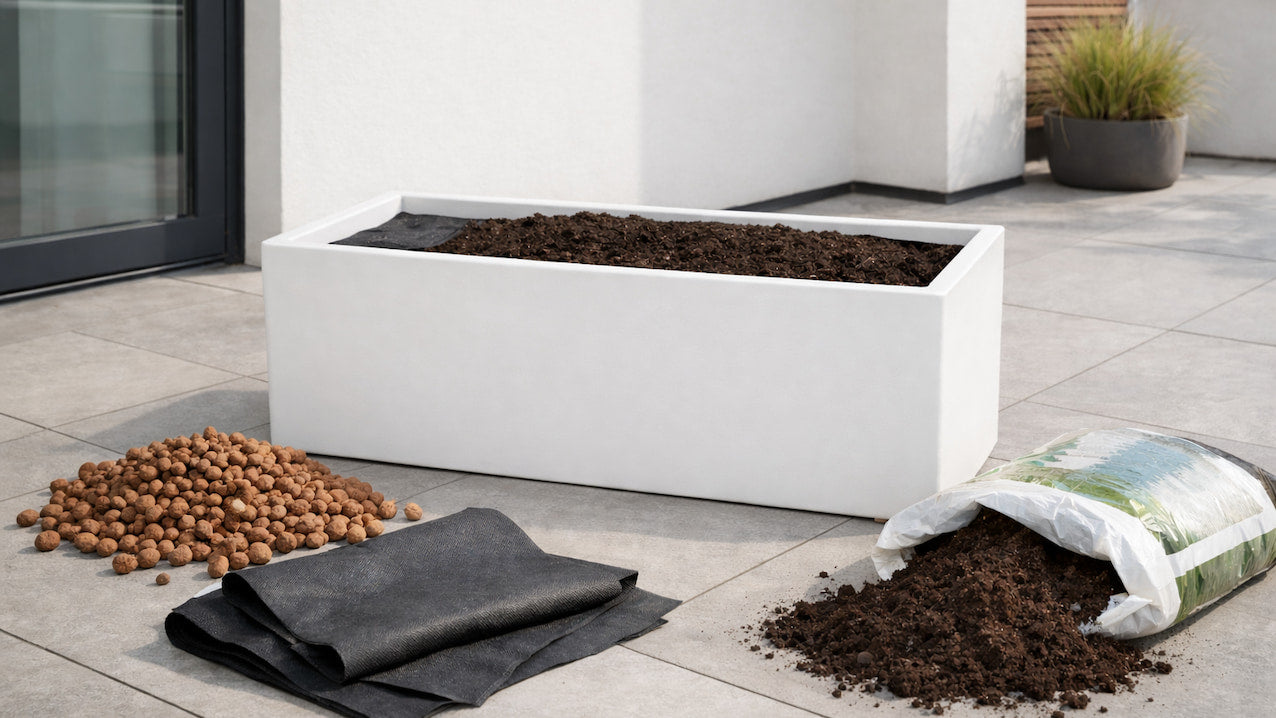 Weißer Pflanztrog beim Bepflanzen mit Blähton, Drainagevlies und Blumenerde auf einer Terrasse