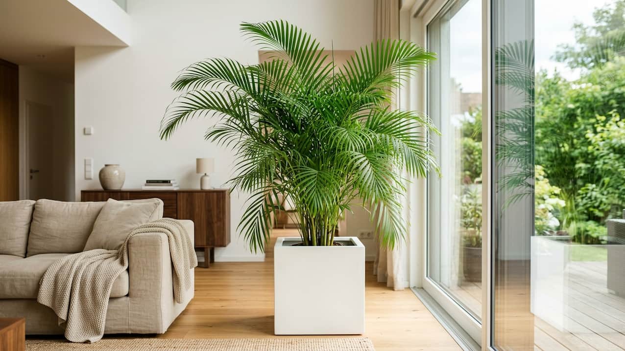 Areca-Palme mit gefiederten Wedeln im weißen Würfelkübel am bodentiefen Fenster im Wohnzimmer