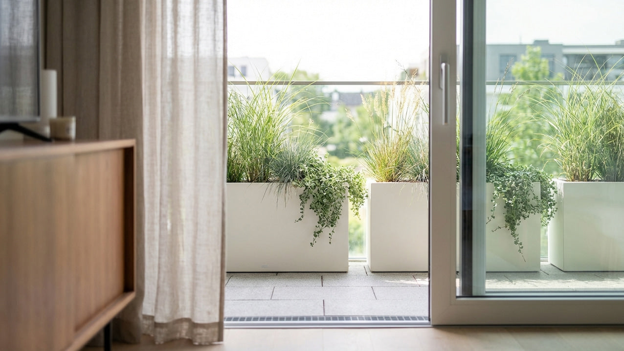 Schmaler Balkon mit weißen Pflanzkübeln voller Gräser als Sichtschutz vor dem Geländer