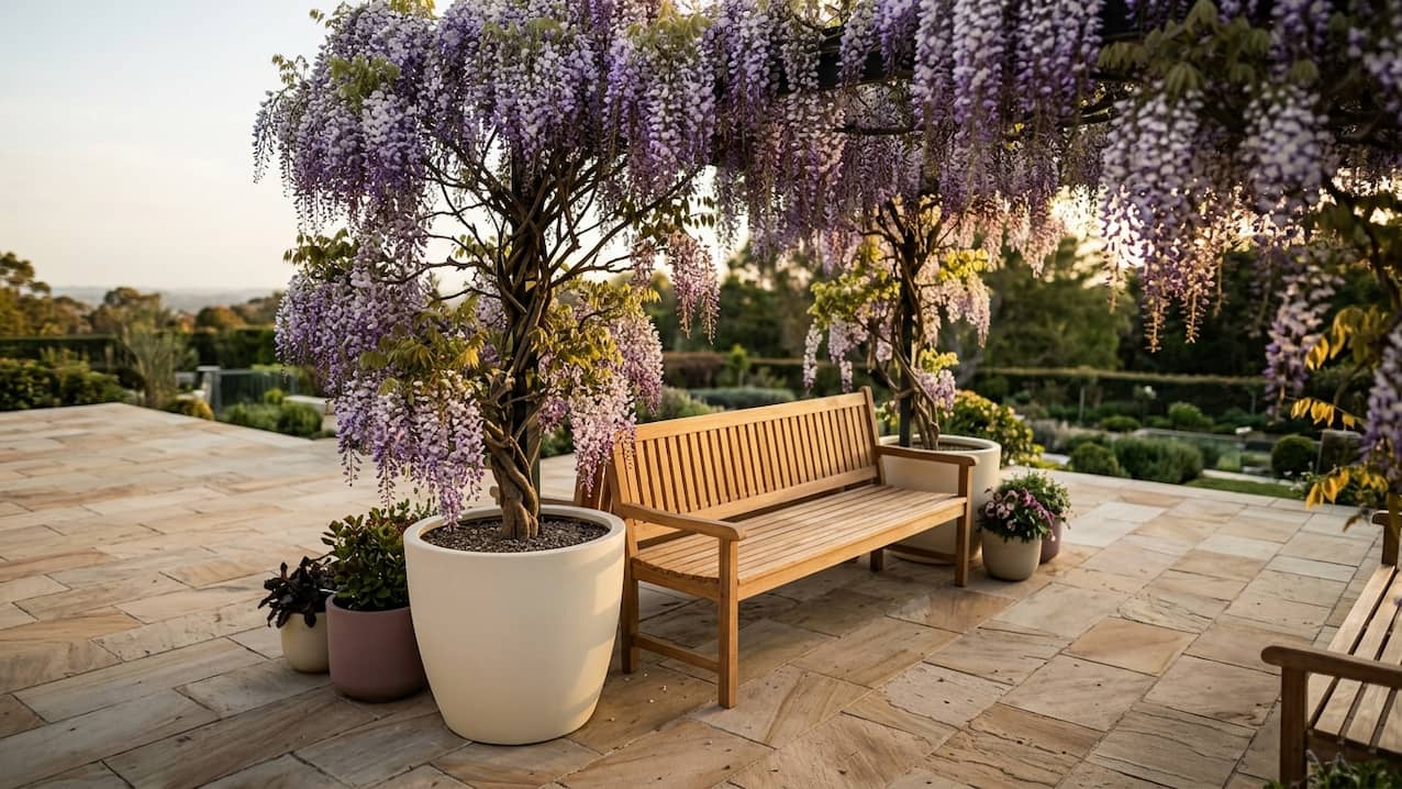 Blauregen (Wisteria) als Hochstämmchen mit violetten Blütentrauben in zwei perlmuttweißen Fiberglas-Pflanzkübeln auf Steinterrasse mit Holzbank im Abendlicht