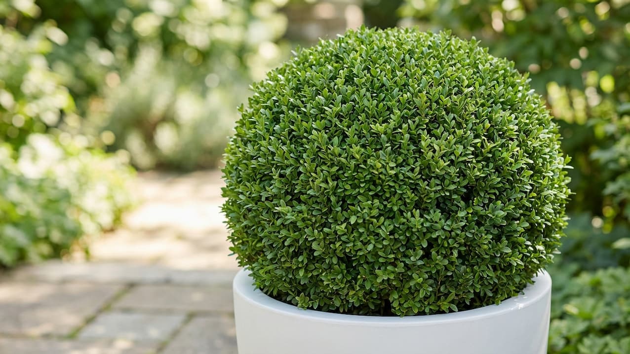 Rund geschnittene Buchsbaumkugel im weißen Pflanzkübel vor grünem Gartenhintergrund