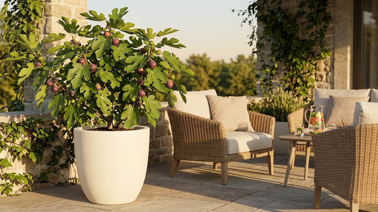 Feigenbaum im perlmuttweißen Pflanzkübel auf einer mediterranen Lounge-Terrasse