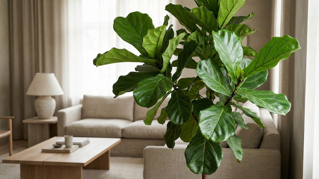 Geigenfeige (Ficus lyrata) mit großen glänzenden Blättern im hellen Wohnzimmer