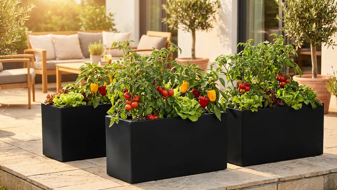 Drei schwarze Pflanzkübel mit Tomaten, Paprika und Salat auf einer sonnigen Terrasse