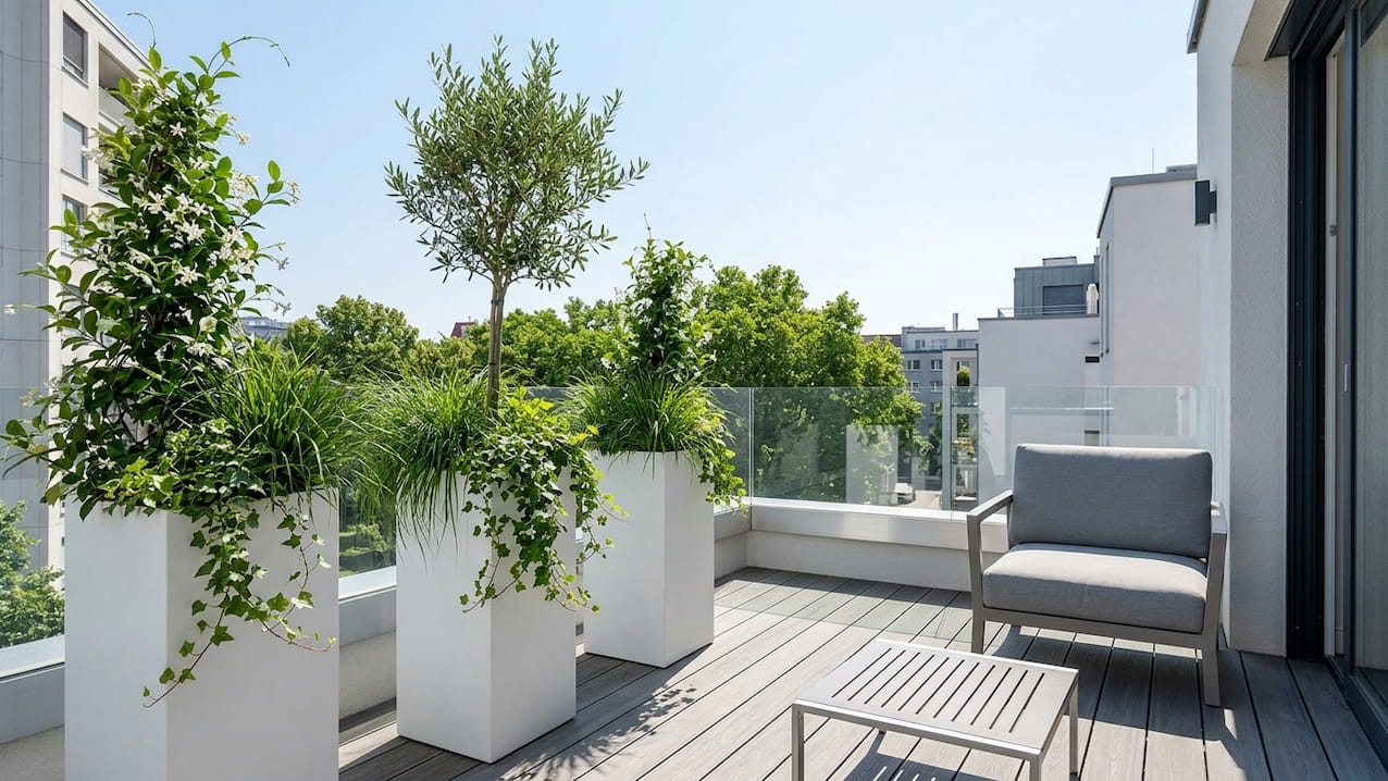 Kleine Terrasse mit drei hohen weißen Pflanzkübeln mit Olivenbaum, Kletterpflanzen und Gräsern vor Glasgeländer