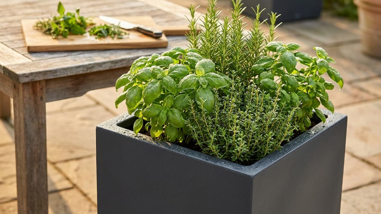 Anthrazitfarbener Pflanzkübel mit Basilikum, Rosmarin und Thymian auf sonniger Terrasse