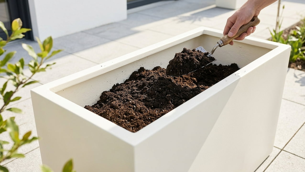 Weißer Pflanztrog wird mit dunklem Kübelsubstrat befüllt, Hand mit Pflanzkelle auf der Terrasse
