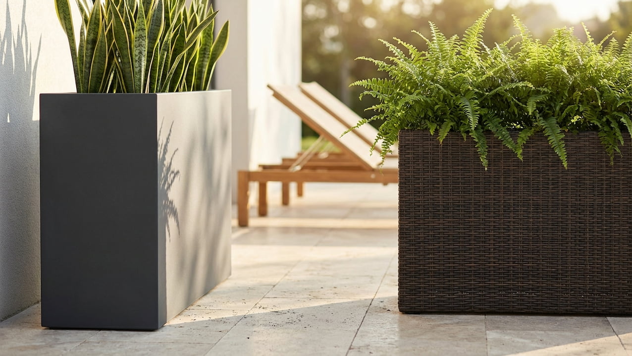 Fiberglas Pflanzkübel in Anthrazit neben braunem Polyrattan-Kübel im Vergleich auf sonniger Terrasse