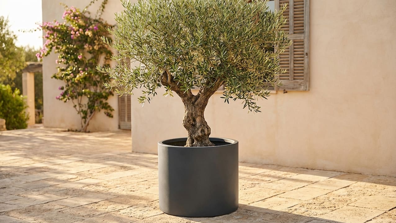 Olivenbaum mit knorrigem Stamm im anthrazitfarbenen Rundkübel vor mediterraner Hausfassade