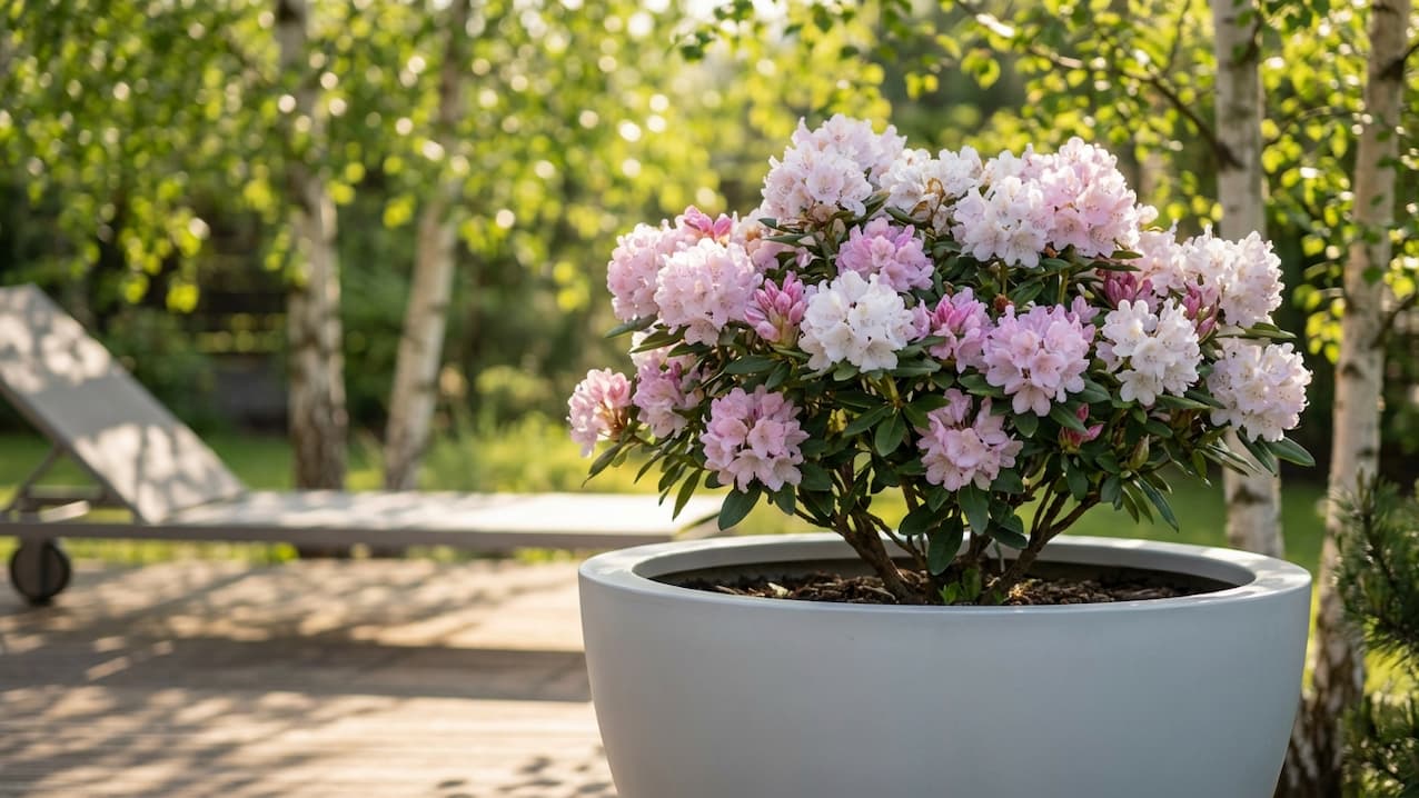 Rosa blühender Rhododendron im weißen Rundkübel auf einer Terrasse vor Birken