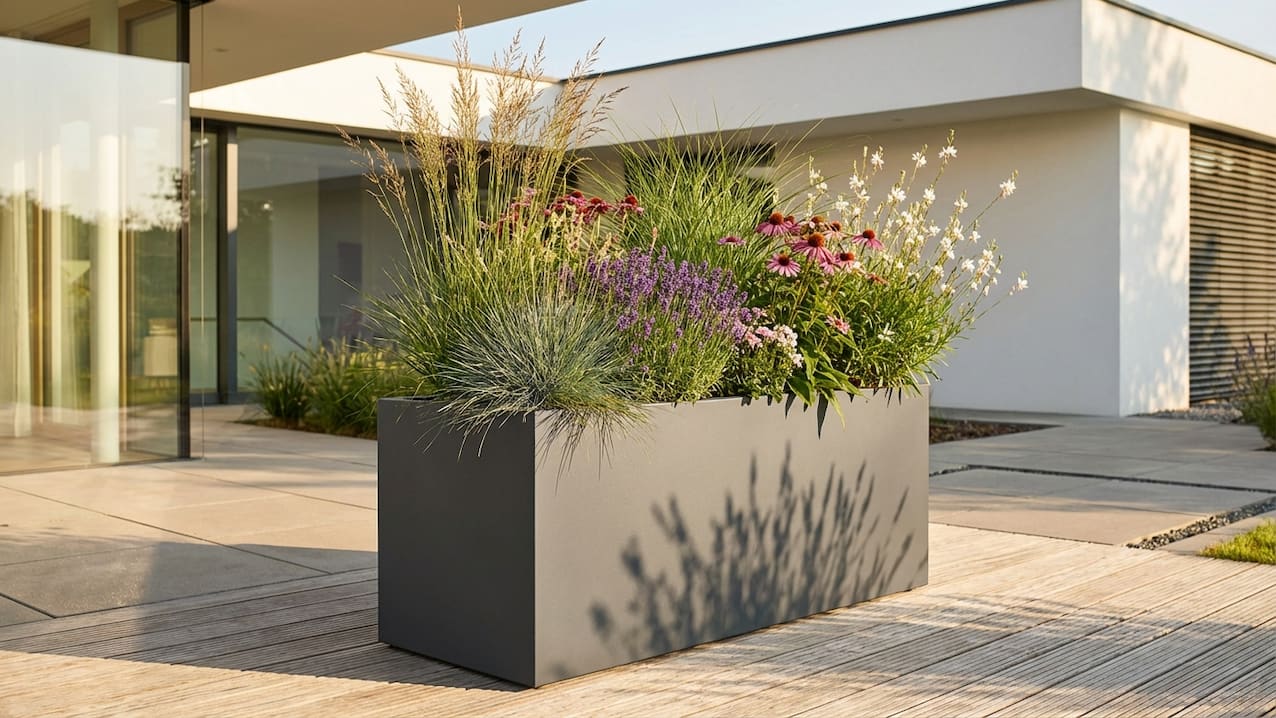Grauer Pflanztrog 120x50x55 cm mit Gräsern und Sonnenhut vor modernem Flachdachhaus