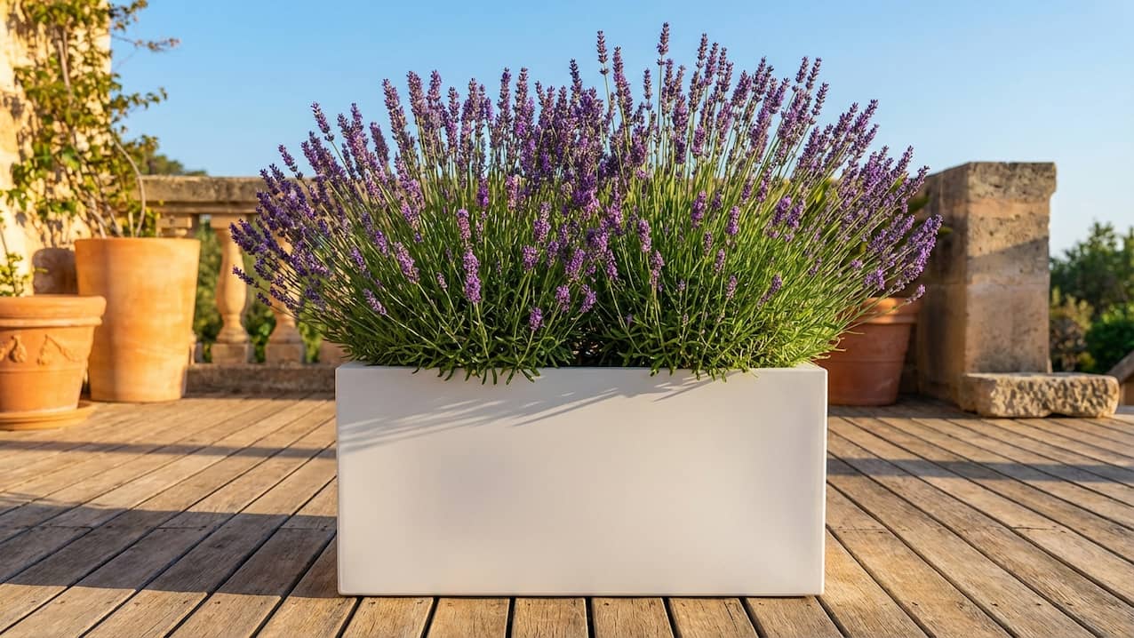 Üppig blühender Lavendel im weißen Pflanztrog auf sonniger Holzterrasse mit Terrakottatöpfen