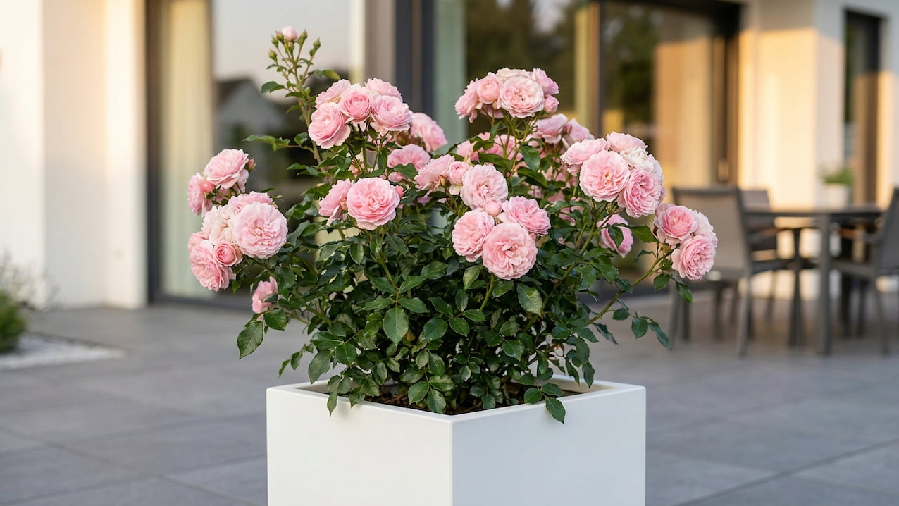 Rosa blühende Kübelrosen im weißen quadratischen Pflanzkübel auf moderner Terrasse