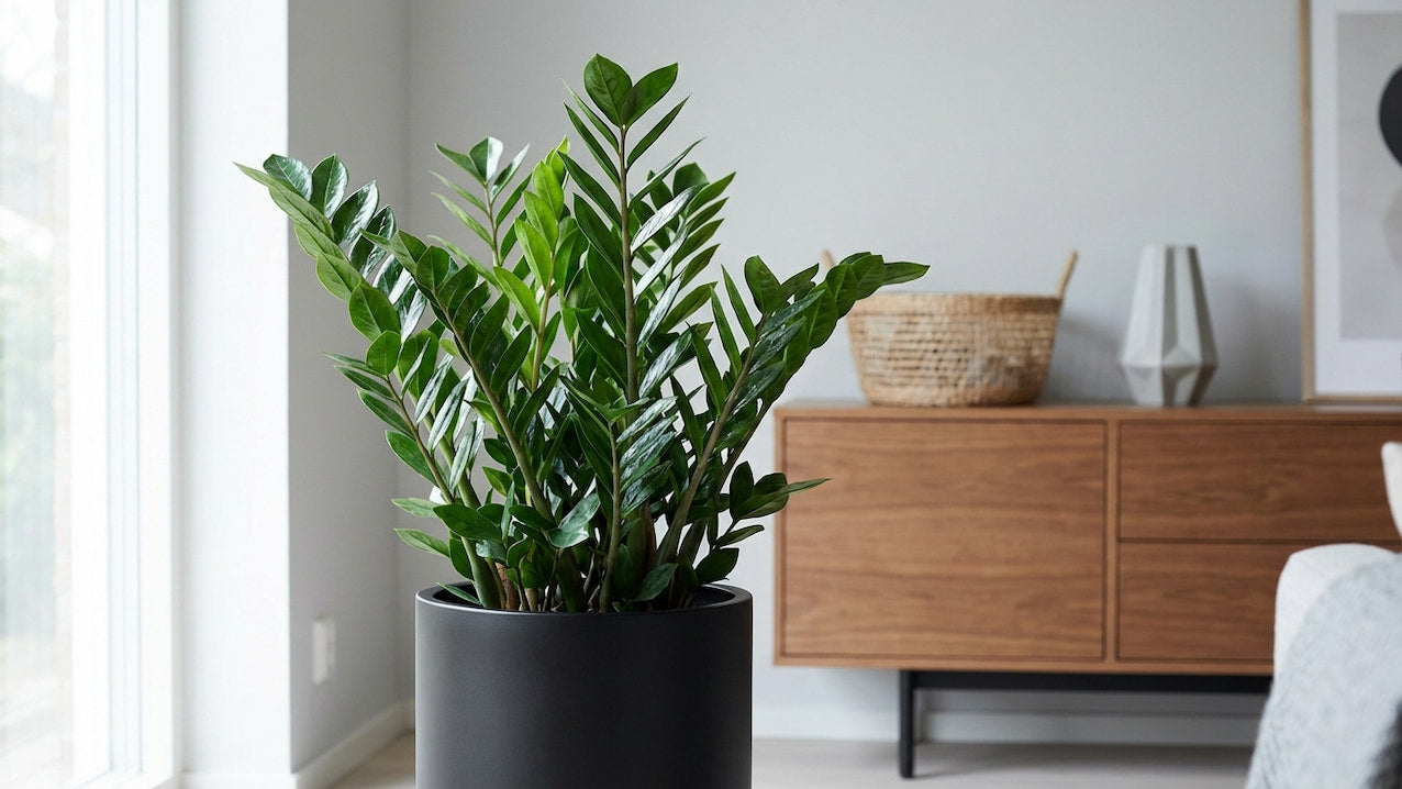 ZZ-Pflanze (Zamioculcas) mit dunkelgrünen Fiederblättern im schwarzen Rundkübel im Wohnraum