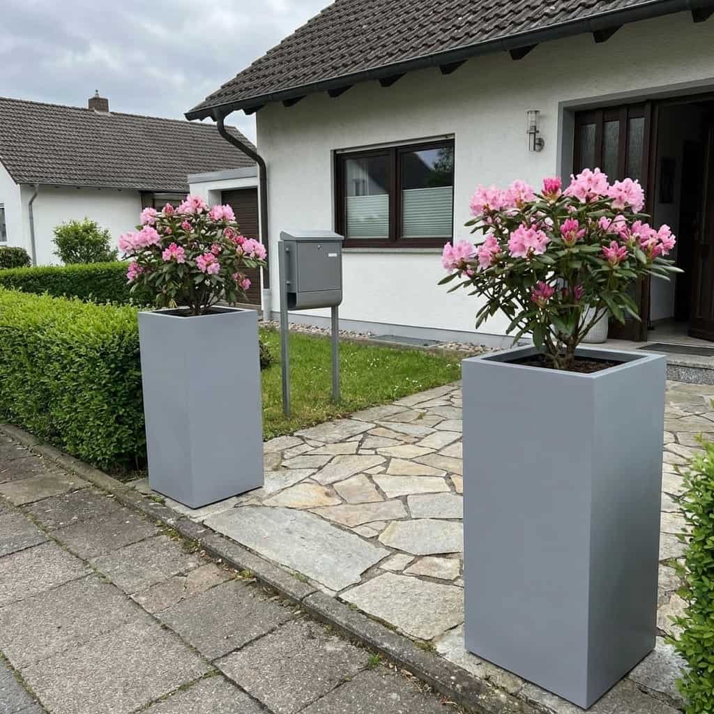 Pflanzkübel Fiberglas Säule grau mit Rhododendron vor Hauseingang