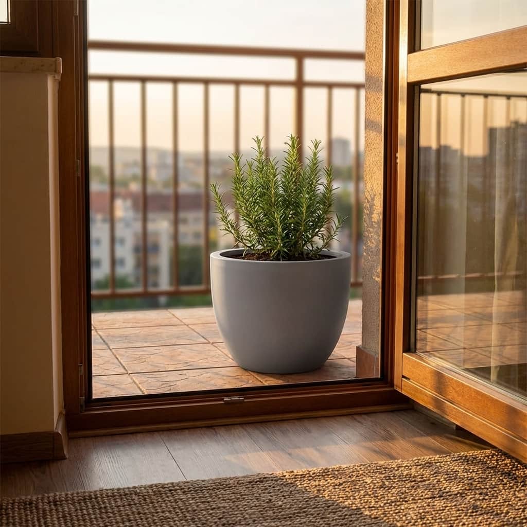 Pflanzkübel Fiberglas rund konsich grau mit Rosmarin auf Balkon bei Sonnenuntergang