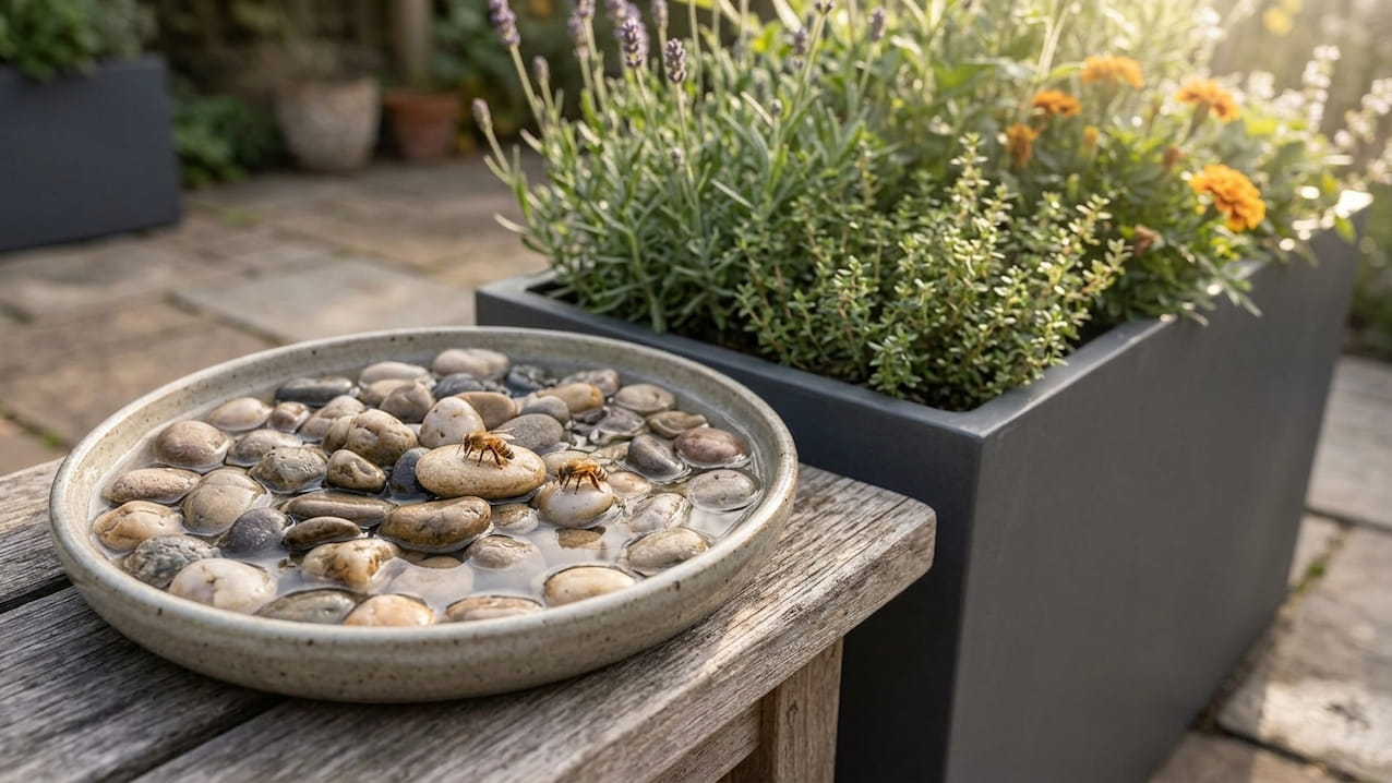 Bienentränke mit Kieselsteinen neben anthrazitfarbenem Pflanzkübel mit Lavendel, Thymian und Tagetes