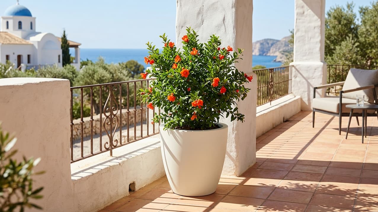 Blühender Granatapfel im weißen Pflanzkübel auf einer mediterranen Terrasse mit Meerblick