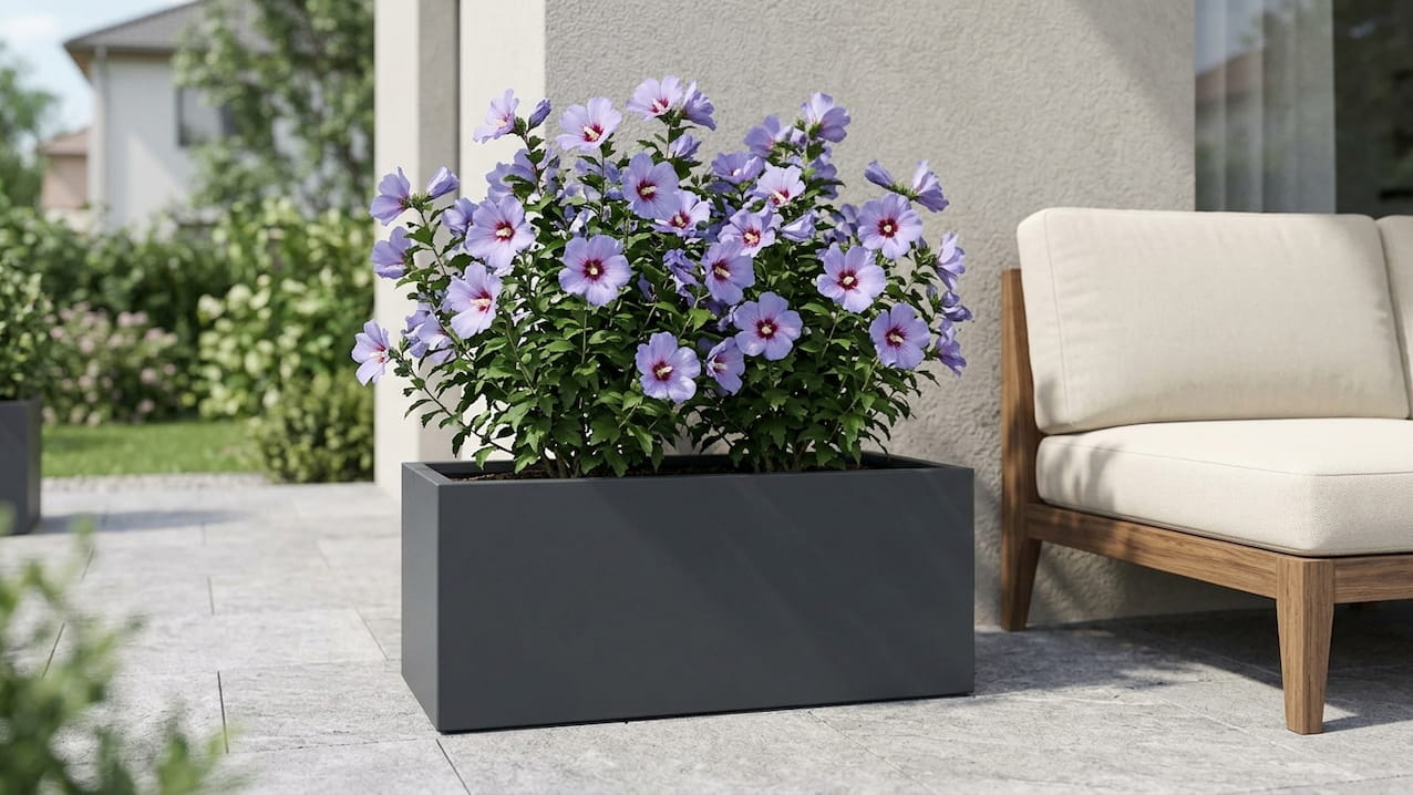 Blau-violett blühender Garteneibisch (Hibiscus syriacus) in anthrazitfarbenem Fiberglas-Pflanztrog auf einer Terrasse mit Loungemöbel
