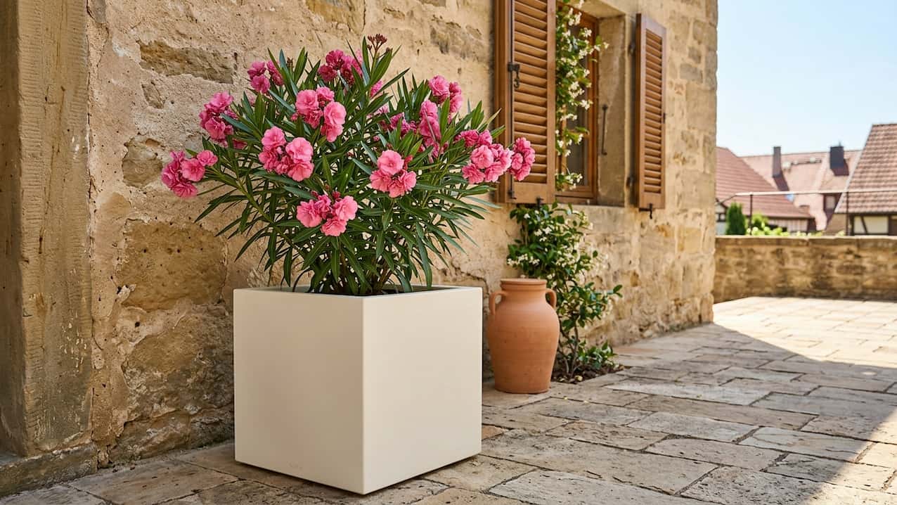 Üppig blühender Oleander mit pinken Blüten im perlmutt-weißen Fiberglas Würfelkübel vor mediterraner Sandsteinmauer mit Holzfensterläden