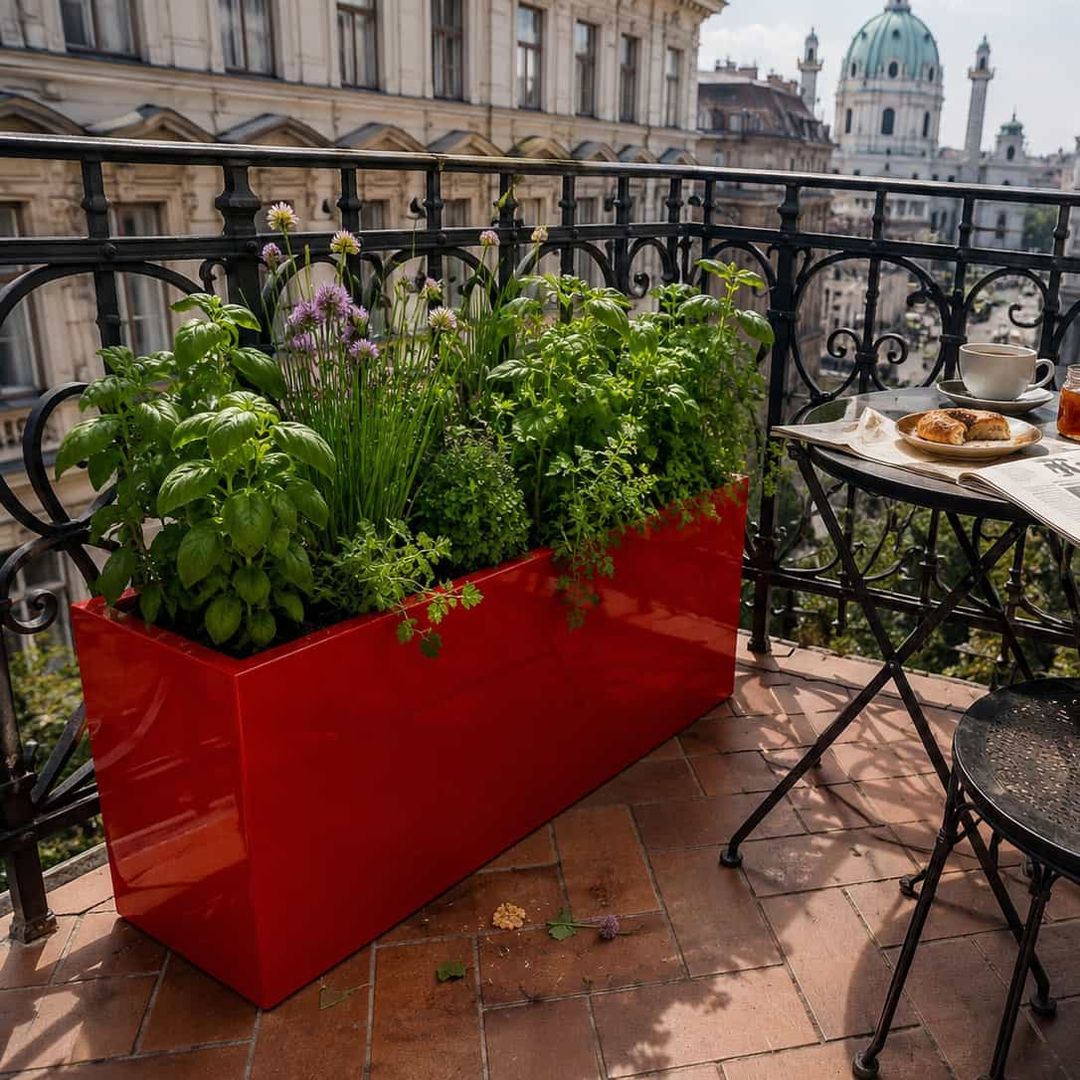 Pflanzkübel Fiberglas rechteckig 108x40x50cm hochglanz rot mit mediterranen Kräutern auf Altbau-Balkon [KI-Lifestyle]