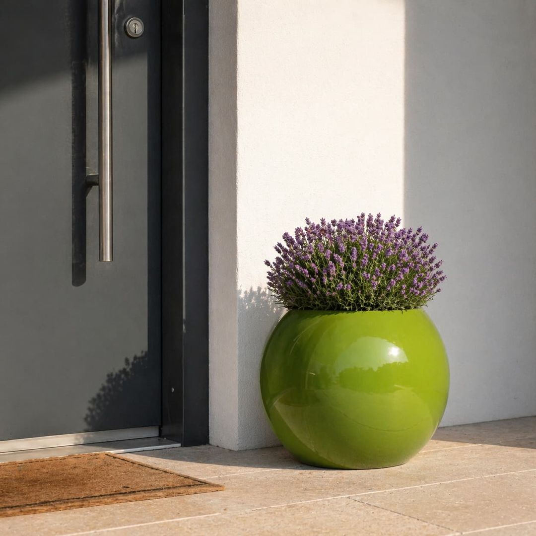 Fiberglas Ball D40xH32cm hochglanz avocado grün mit Lavendel am Hauseingang [KI-Lifestyle]