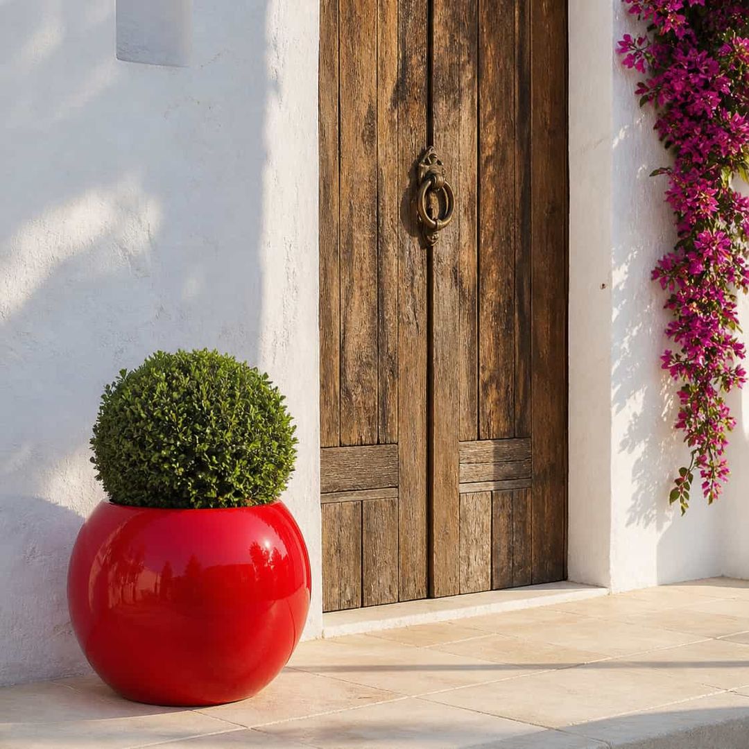 Pflanzkübel Fiberglas Kugel D40xH32cm hochglanz rot mit Buchsbaumkugel an mediterranem Hauseingang [KI-Lifestyle]