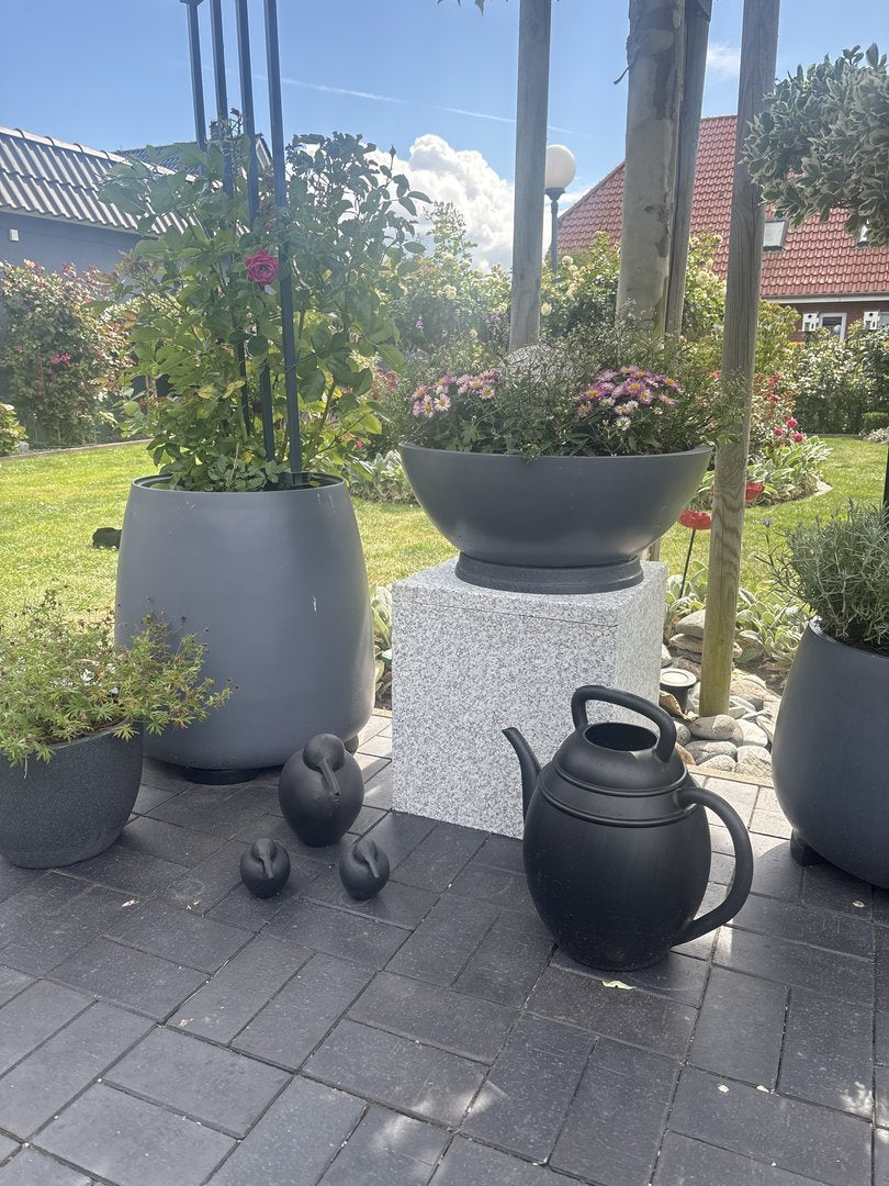 Pflanzkübel Fiberglas Schale rund D55xH19cm anthrazit-metallic mit Herbstastern auf einem Granitsockel im Garten