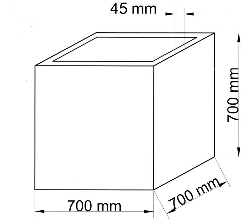 Technische Maßzeichnung Pflanzkübel Fiberglas Stein-Optik quadratisch 70x70x70cm mit Maßen in Millimeter