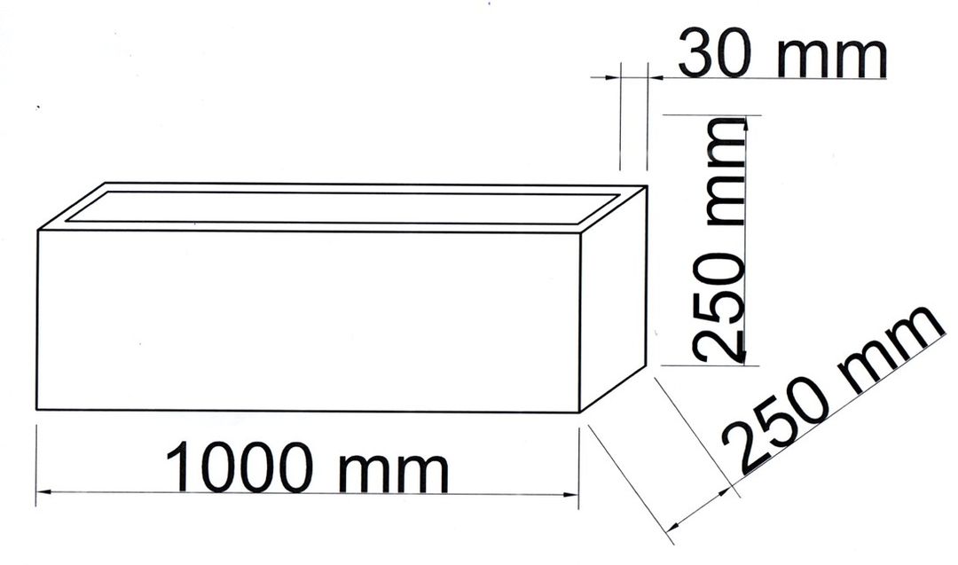 Technische Maßzeichnung Pflanzkübel Fiberglas rechteckig 100x25x25cm mit Maßen in Millimeter