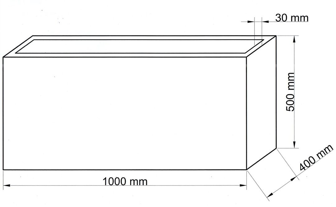 Technische Maßzeichnung Pflanzkübel Fiberglas rechteckig 100x40x50cm mit Maßen in Millimeter