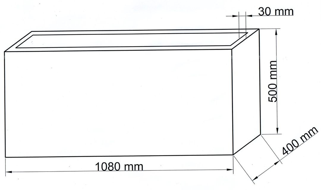 Technische Maßzeichnung Pflanzkübel Fiberglas rechteckig 108x40x50cm mit Maßen in Millimeter