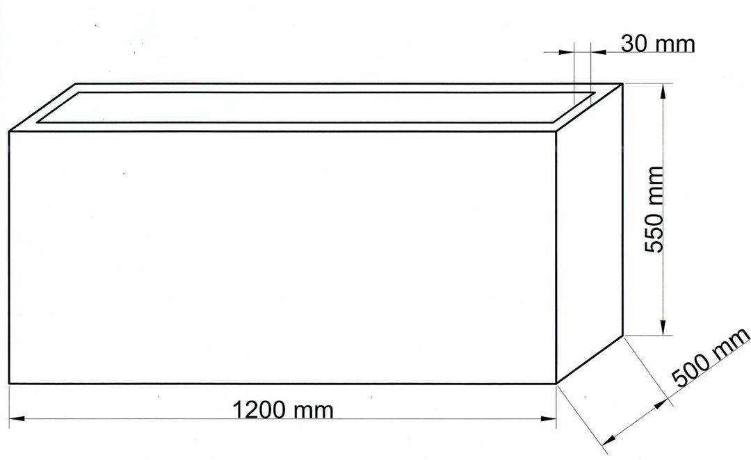 Technische Maßzeichnung Pflanzkübel Fiberglas rechteckig 120x50x55cm mit Maßen in Millimeter
