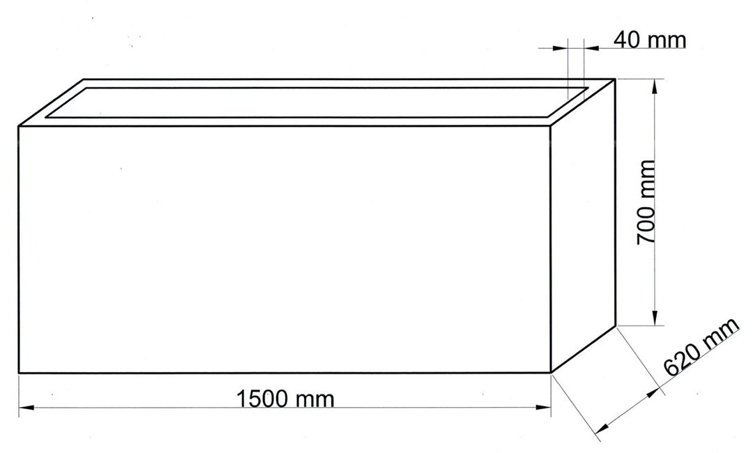 Technische Maßzeichnung Pflanzkübel Fiberglas rechteckig als Raumteiler 150x62x70cm mit Maßen in Millimeter