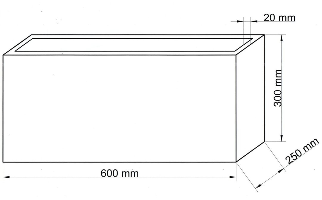 Technische Maßzeichnung Pflanzkübel Fiberglas rechteckig 60x25x30cm mit Maßen in Millimeter