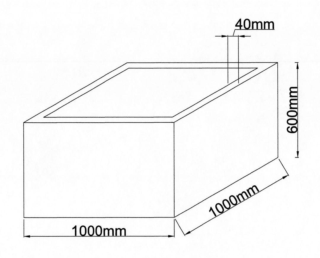 Technische Maßzeichnung Pflanzkübel Fiberglas niedrig quadratisch 100x100x60cm mit Maßen in Millimeter