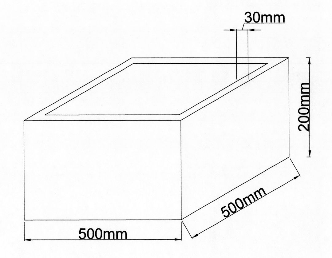 Technische Maßzeichnung Pflanzkübel Fiberglas niedrig quadratisch 50x50x20cm mit Maßen in Millimeter