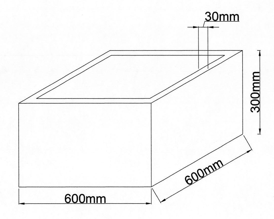 Technische Maßzeichnung Pflanzkübel Fiberglas niedrig quadratisch 60x60x30cm mit Maßen in Millimeter