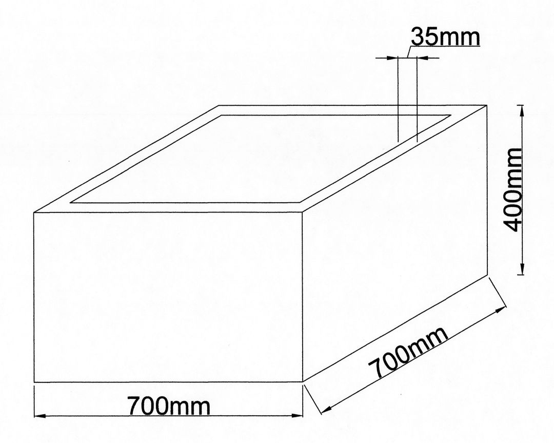Technische Maßzeichnung Pflanzkübel Fiberglas niedrig quadratisch 70x70x40cm mit Maßen in Millimeter
