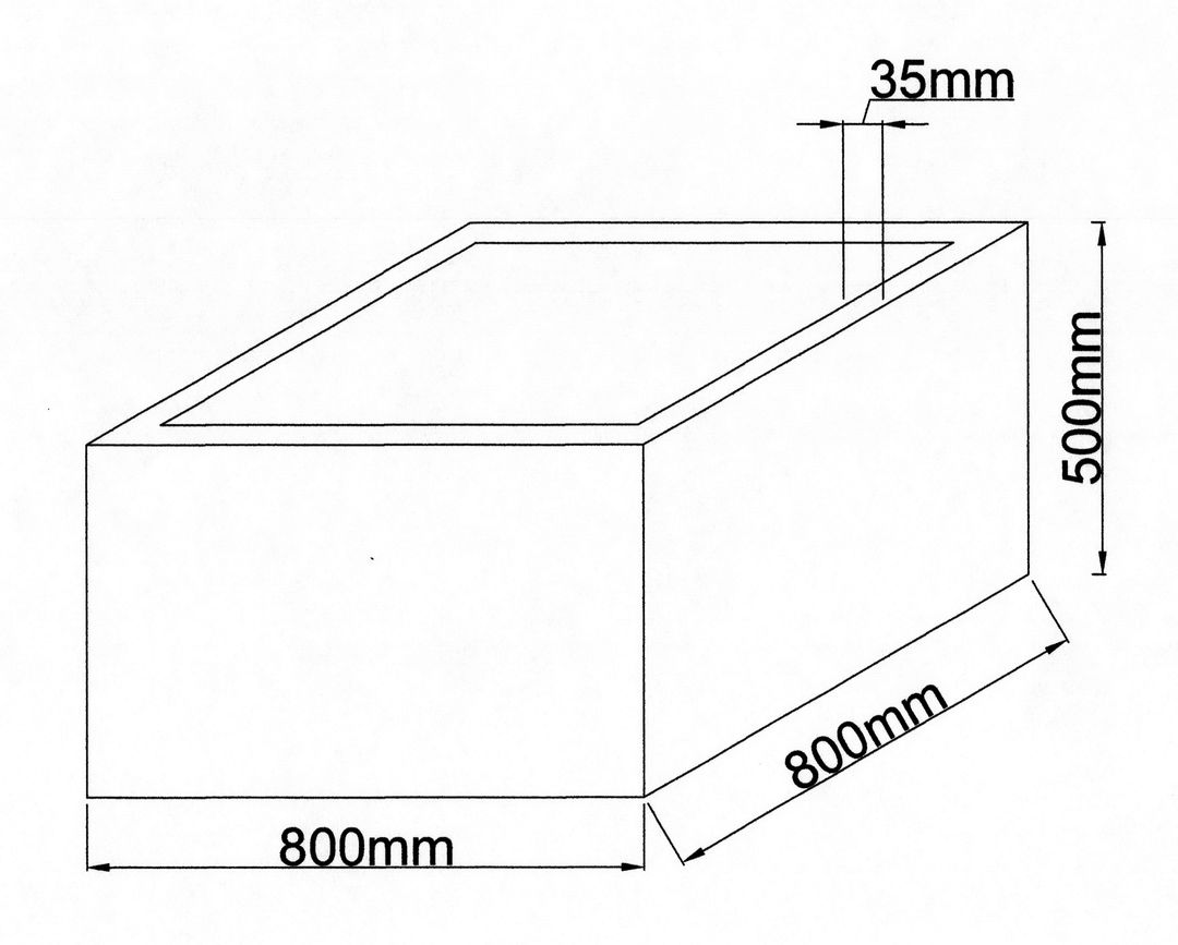 Technische Maßzeichnung Pflanzkübel Fiberglas niedrig quadratisch 80x80x50cm mit Maßen in Millimeter