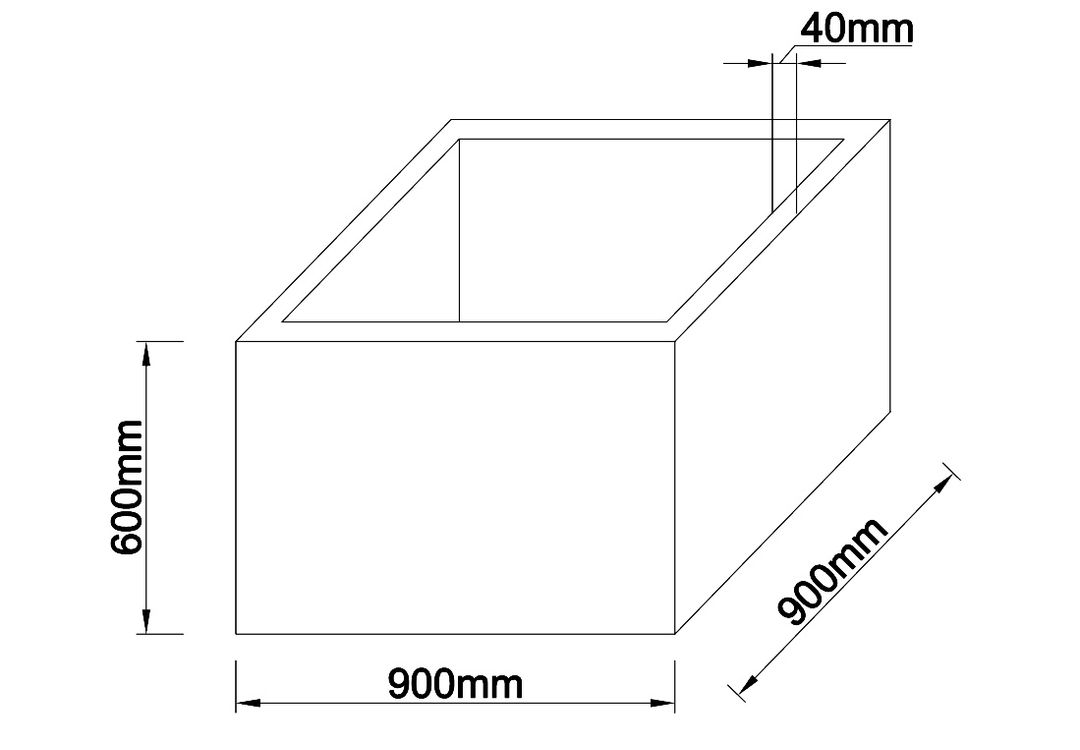 Technische Maßzeichnung Pflanzkübel Fiberglas niedrig quadratisch 90x90x60cm mit Maßen in Millimeter