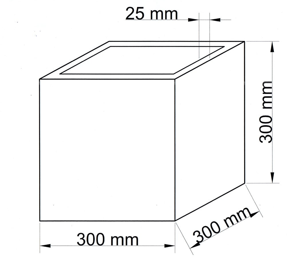 Technische Maßzeichnung Pflanzkübel Fiberglas quadratisch 30x30x30cm mit Maßen in Millimeter
