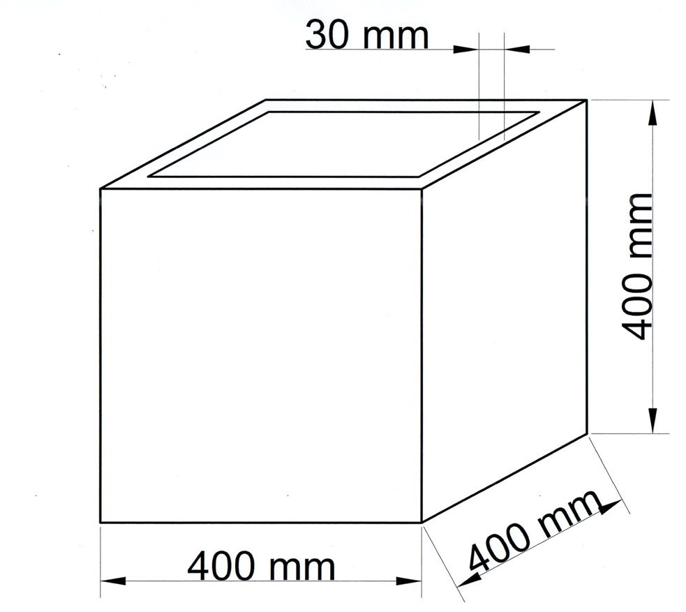 Technische Maßzeichnung Pflanzkübel Fiberglas quadratisch 40x40x40cm mit Maßen in Millimeter