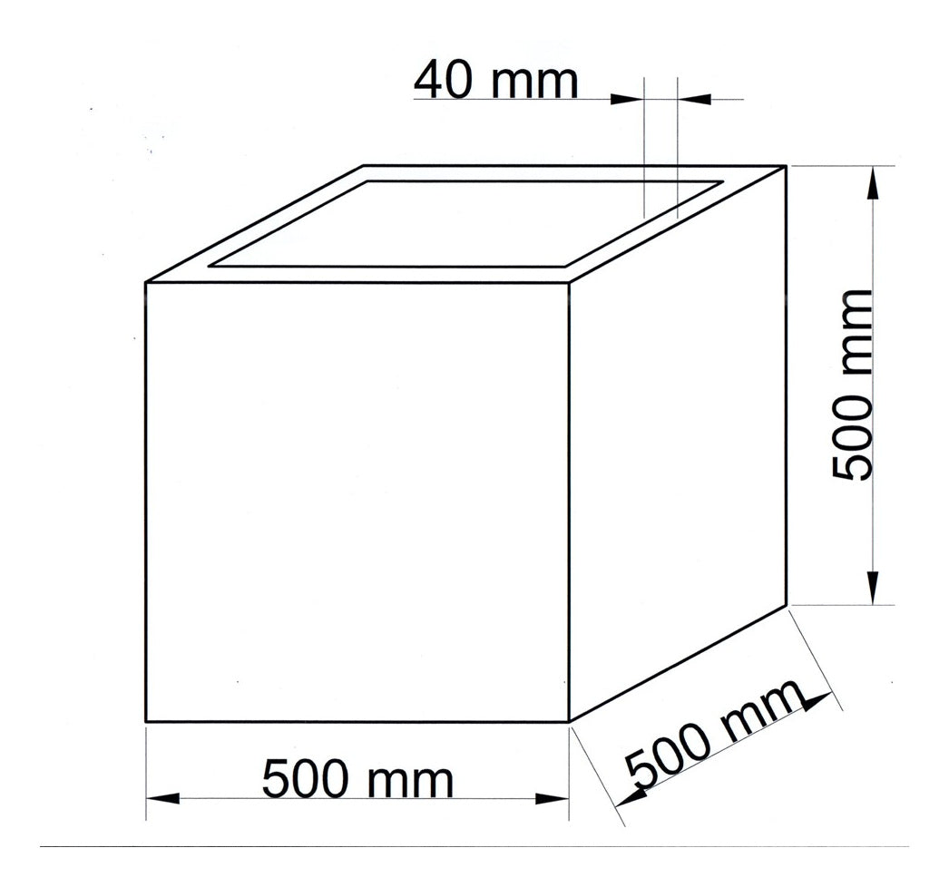 Technische Maßzeichnung Pflanzkübel Fiberglas quadratisch 50x50x50cm mit Maßen in Millimeter
