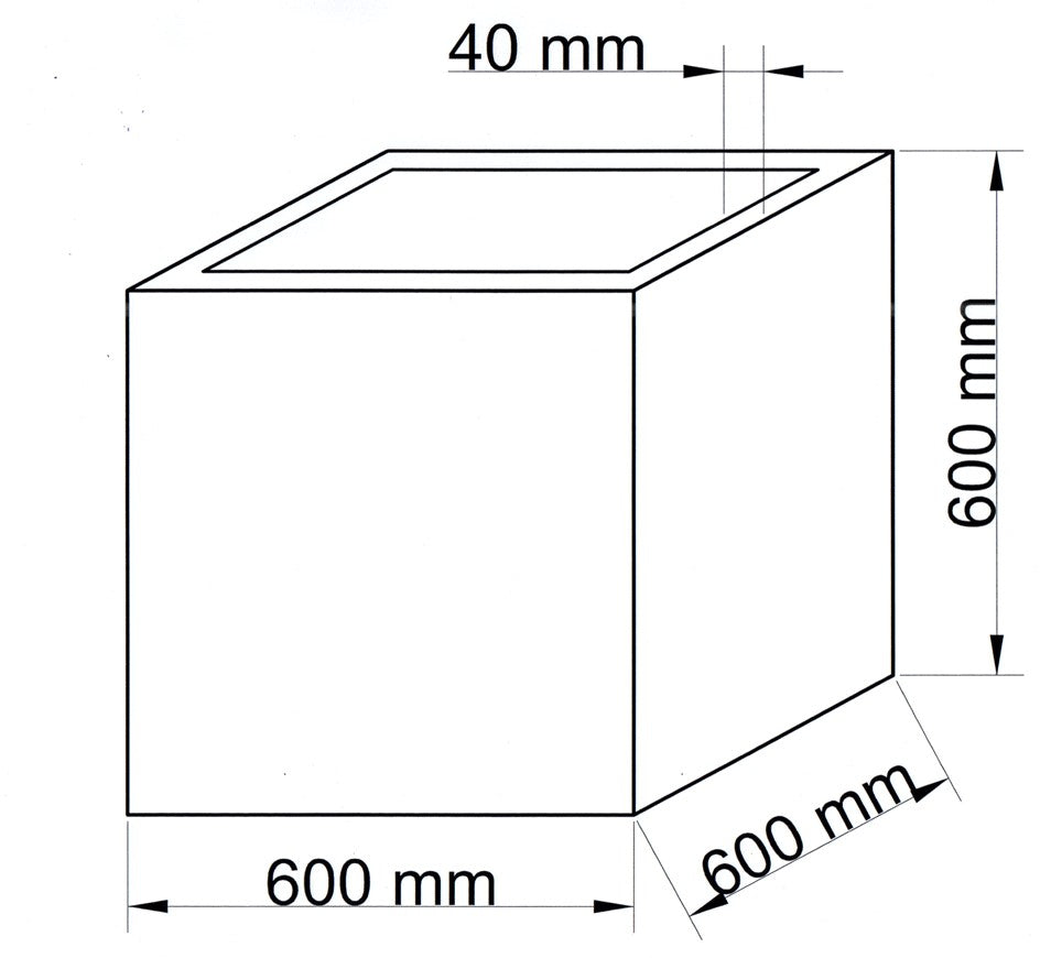 Technische Maßzeichnung Pflanzkübel Fiberglas quadratisch 60x60x60cm mit Maßen in Millimeter