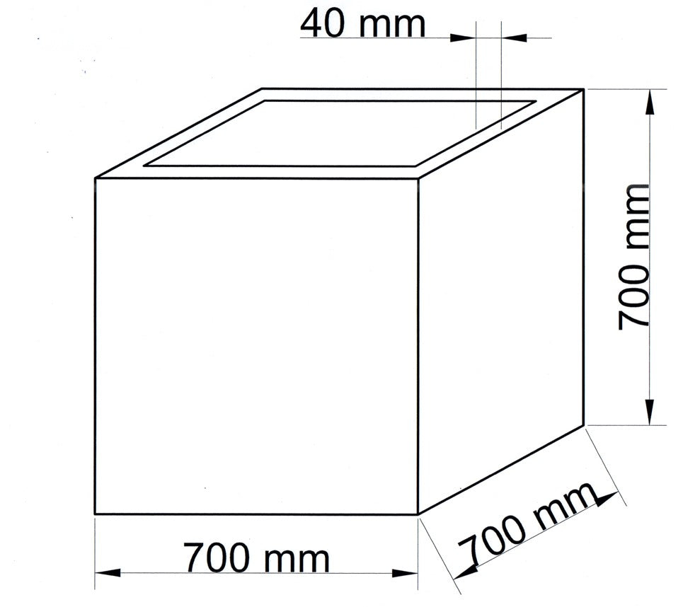 Technische Maßzeichnung Pflanzkübel Fiberglas quadratisch 70x70x70cm mit Maßen in Millimeter