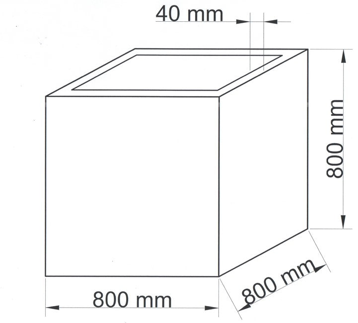 Technische Maßzeichnung Pflanzkübel Fiberglas quadratisch 80x80x80cm mit Maßen in Millimeter