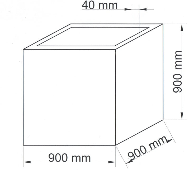 Technische Maßzeichnung Pflanzkübel Fiberglas quadratisch 90x90x90cm mit Maßen in Millimeter