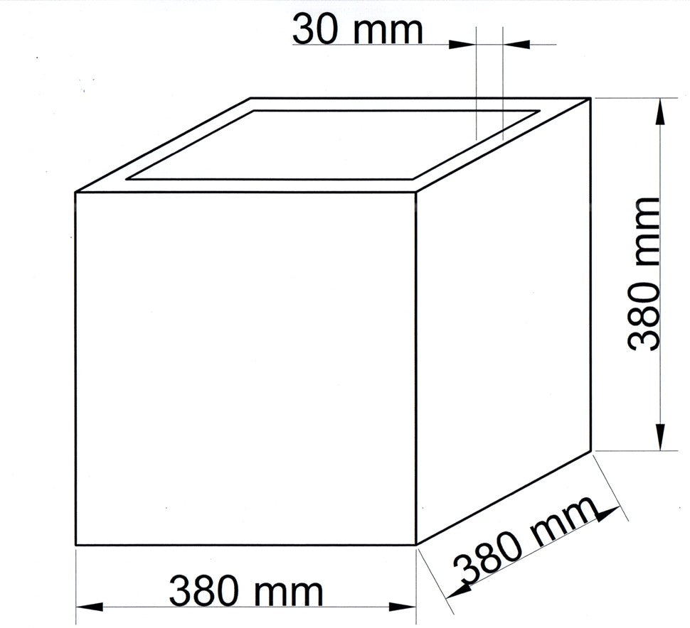 Technische Maßzeichnung Pflanzkübel Fiberglas quadratisch 38x38x38cm mit Maßen in Millimeter